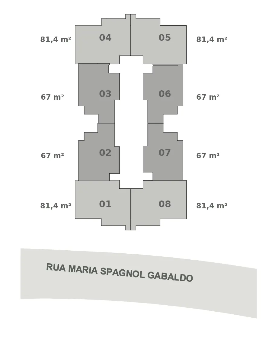 Disposição dos finais 01 a 08 no pavimento em relação à Rua Maria Spagnol Gabaldo